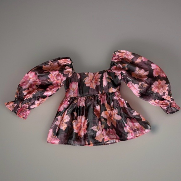 Nasty Gal Tops - Nasty Gal Floral Smocked Peplum Blouse XS Sheer Long Sleeve Pink & Black